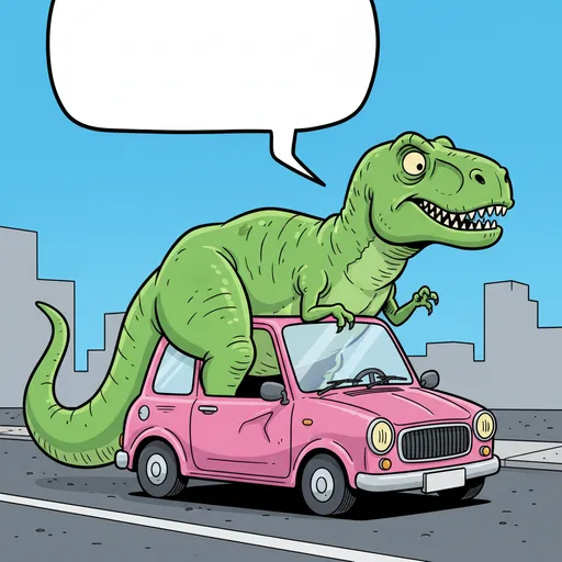 AI-generated example: A T-rex trying to fit into a tiny car