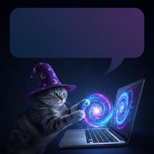 AI-generated example: A wizard cat casting a spell on a laptop