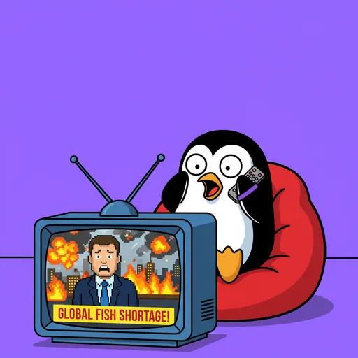 AI-generated example: A shocked penguin watching the news on TV