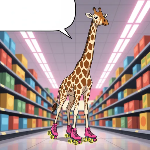 AI-generated example: A giraffe wearing roller skates in the supermarket