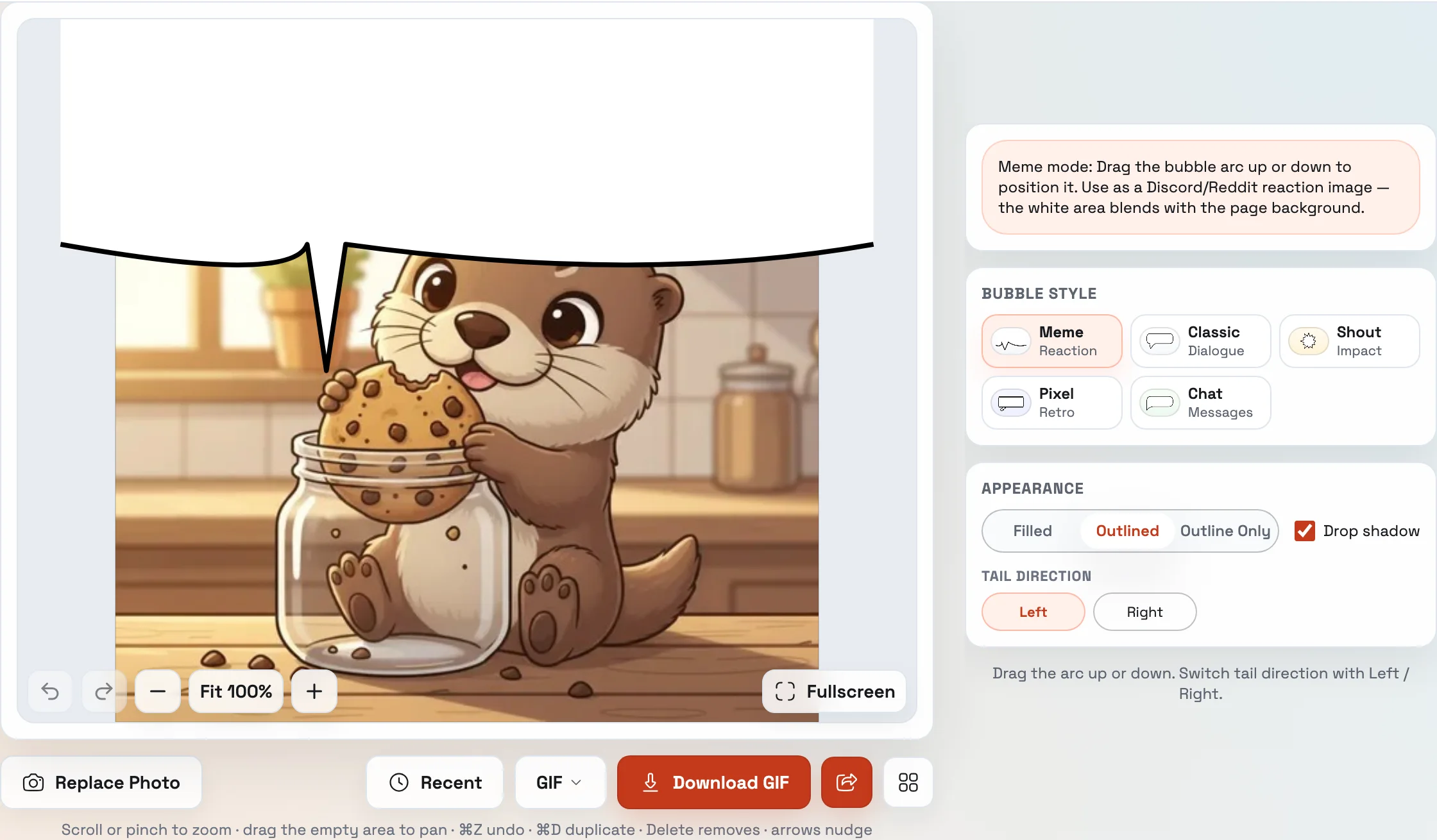 AddSpeechBubble Discord speech bubble maker with a photo on the canvas, a meme-style bubble, and the editor side panel