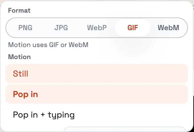 AddSpeechBubble export menu with GIF selected and Motion options Still, Pop in, and Pop in + typing