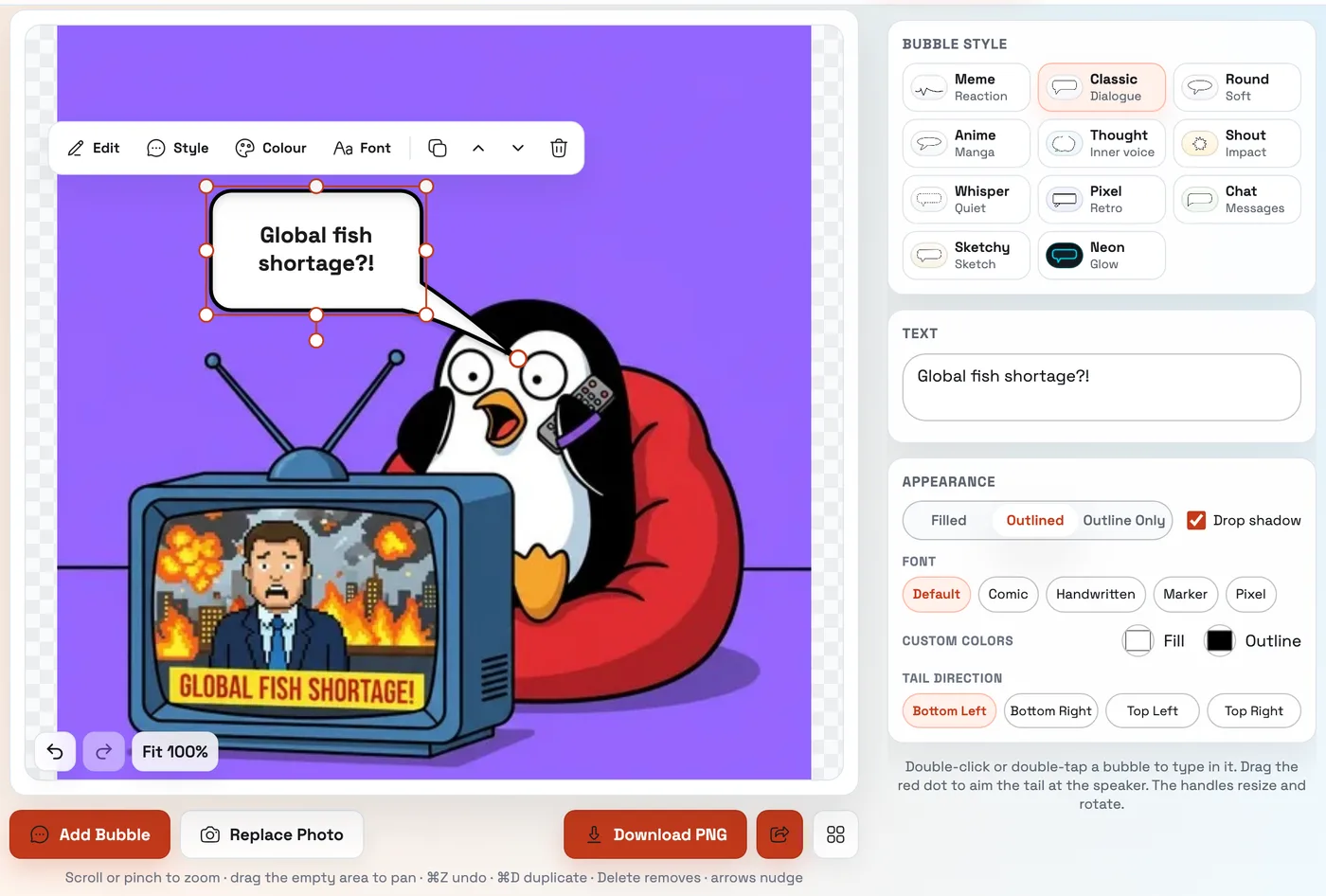 The new speech bubble editor on desktop: a selected Classic bubble with eight handles and a floating toolbar, its tail pointing at a cartoon penguin, with the style, text, and appearance panel on the right