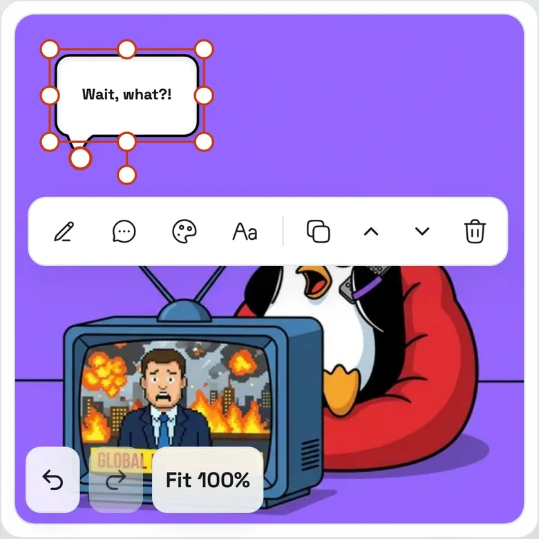 The editor on a phone: a selected bubble at the top of the photo with the floating toolbar hanging below it, and undo, redo and zoom buttons in the corner of the canvas