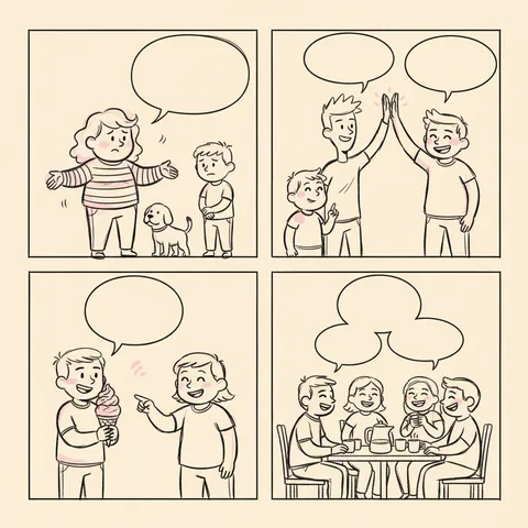 Hand-sketched 4-panel comic with simple characters and empty speech bubbles above them