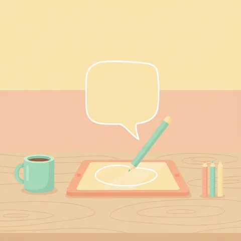 Designer's tablet with stylus drawing an empty speech bubble on a wooden desk