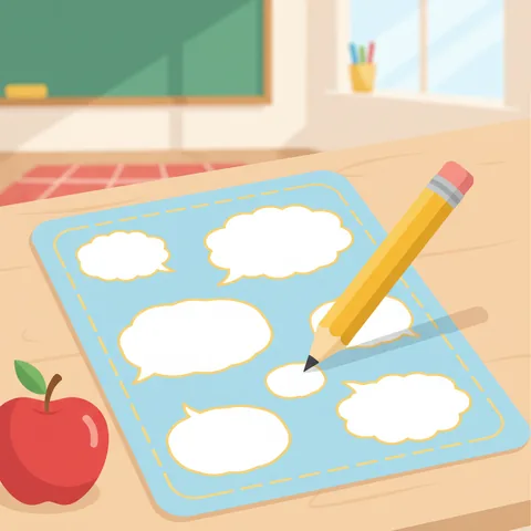 Classroom worksheet on a desk with multiple empty speech bubbles printed on it