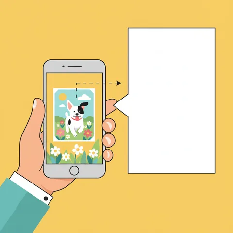 Hand holding a smartphone, dragging a photo into an empty comic panel frame