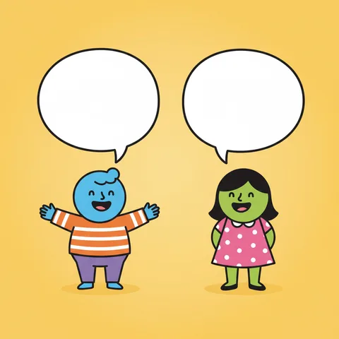 Two cartoon characters facing each other with empty classic speech bubbles