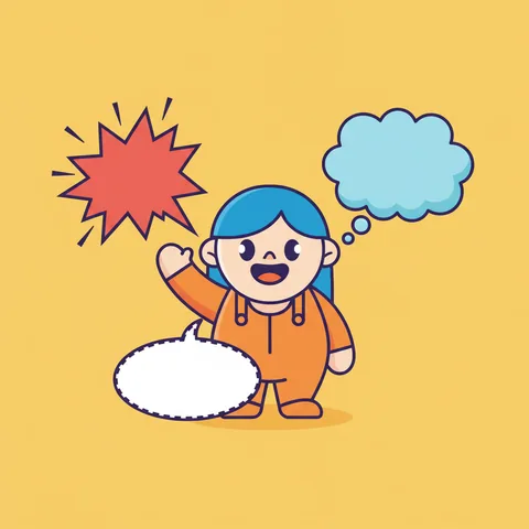 One cartoon character surrounded by a shout starburst, thought cloud, and whisper bubble