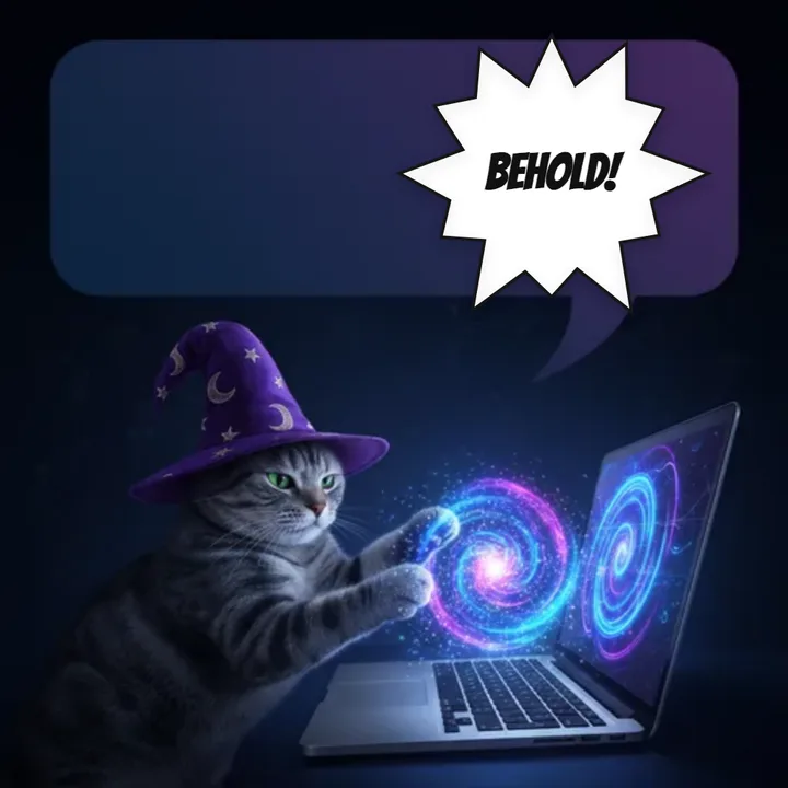 Comic panel: a wizard cat at a laptop with a starburst shout bubble reading BEHOLD!