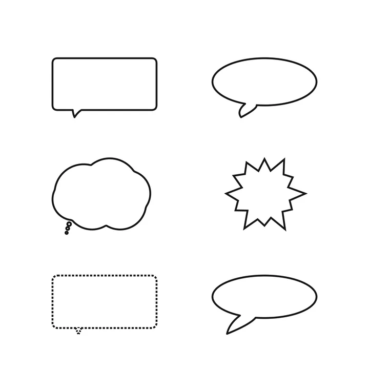 Printable worksheet sheet of six blank speech bubble outlines: classic, round, thought, shout, dashed whisper, and oval