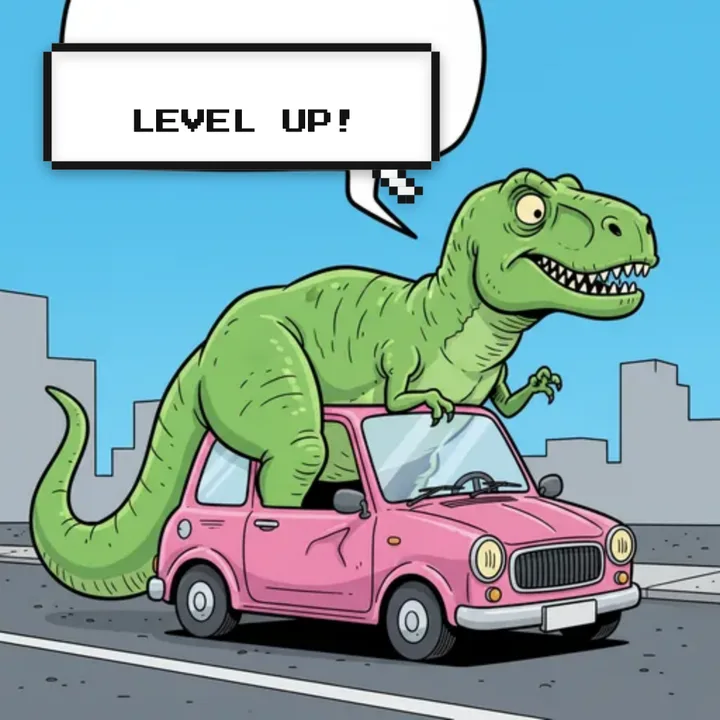 Pixel-art speech bubble reading LEVEL UP! over a cartoon T-rex riding a pink car, sized like a Discord sticker