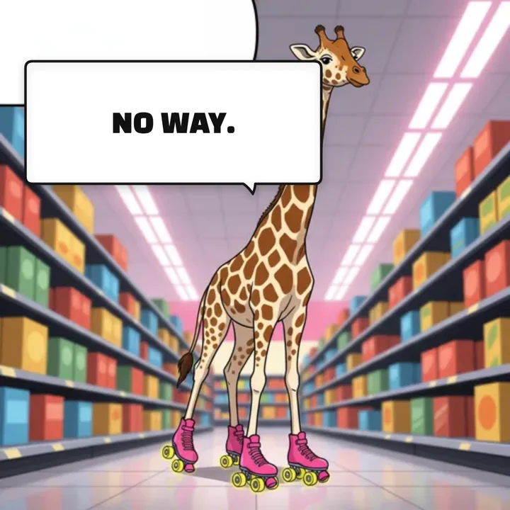 Thumbnail-style image: a giraffe on roller skates in a supermarket aisle with a bold classic speech bubble reading NO WAY.